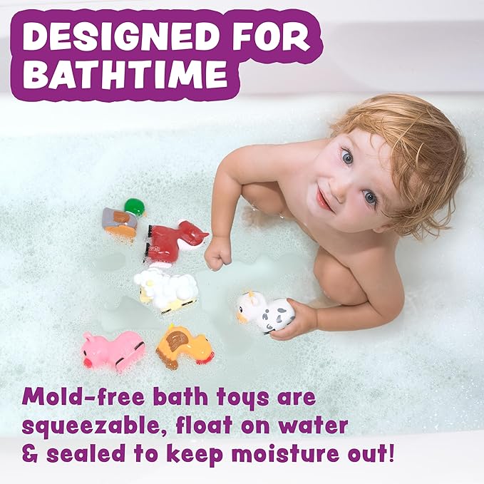 Tub Works® Barnyard??Mold Free Bath Toys, 6 Pack | Sealed, No Hole Bath Toys Design Keeps Moisture Out | Soft, Squeezable & Float on Water | Farm Animals Baby & Toddler Bathtub Toys | Baby Pool Toys