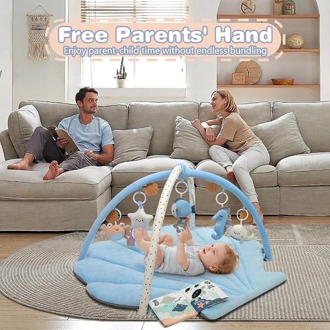 Baby Play Gym Mat, Oversize Tummy Time Activity Mat for Babies 0-6 Months, Shells Baby Play Mat with 6 Detachable Toys, Baby Essentials Mat for Floor Sensory Exploration Motor Skill Development (Blue)