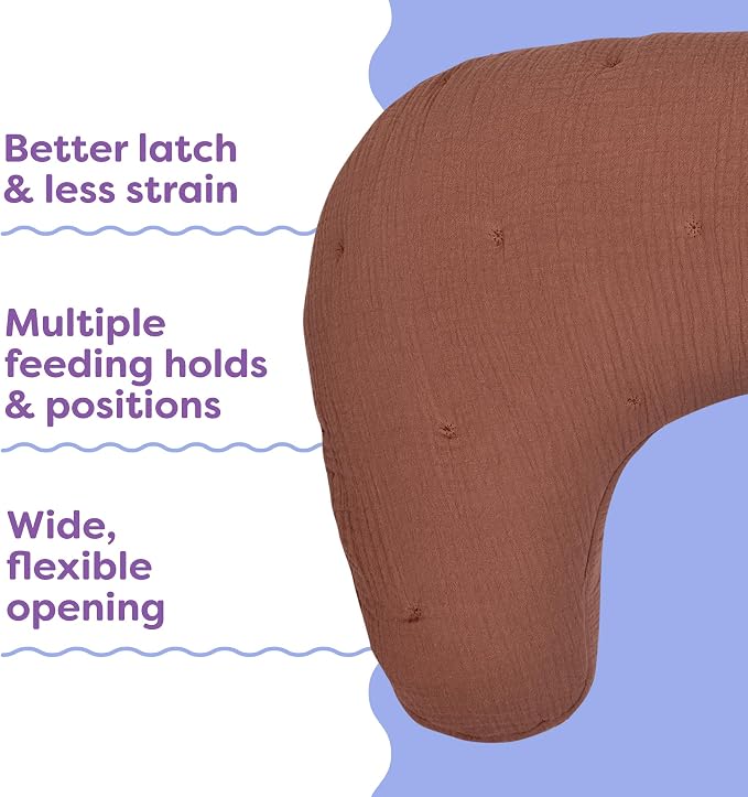 Boppy Nursing Pillow Luxe - Ergonomic Bottle & Breastfeeding Pillow with High Lift & Firm Support - Water-Resistant with Washable Cotton Muslin Cover - Baby Safety Alliance Verified - Chestnut