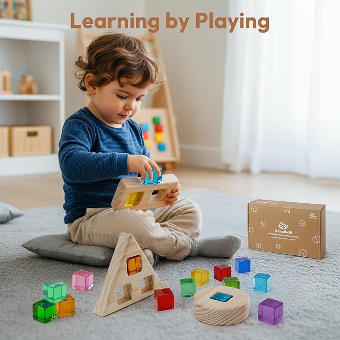 Woodtoe Large Rainbow Building Blocks for Toddlers 1-3, 16 PCS Jumbo Gem Blocks & 3 Wooden Shapes, Montessori Toys for 1 2 3 Year Old Boy Girl, Acrylic Stacking Toy Set, 1 2 Year Old Birthday Gifts