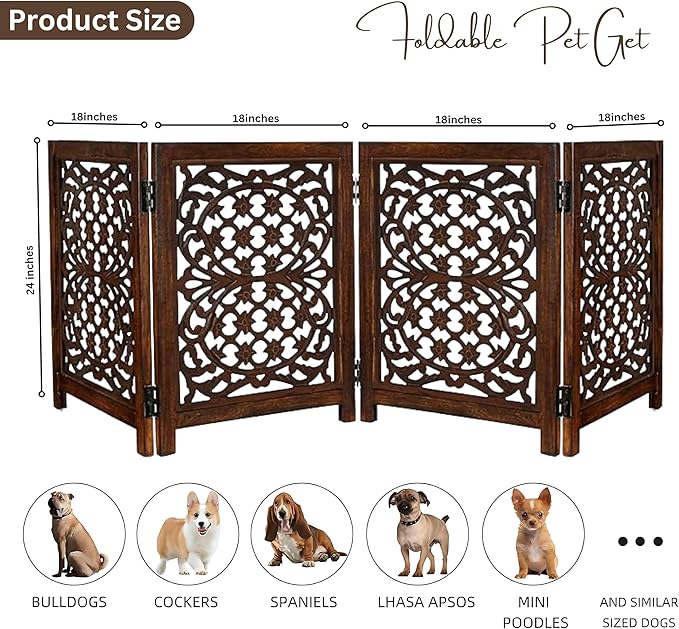 Lightnpro 4 Panel Wooden Dog Gate - 72 Inch Extra-Wide Freestanding Pet Fence - Foldable Indoor Safety Barrier for Small Dogs for Stairs, Doorways & Hallways – Natural Burnt (24x18 Inch Panels)