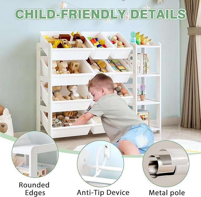 MallBest Kids Toy Storage Organizer with Bookshelf – Wooden Toy Bin Organizer with 12 Storage Bins & 3-Tier Shelf, Toy Shelf for Toddlers, Nursery, Playroom, Bedroom（White）
