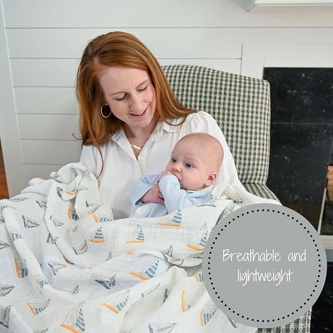 LollyBanks Muslin Swaddle Blankets, 100% Cotton Baby Swaddle Blanket for Boys and Girls, Large 47 x 47 Inches Infant Swaddle, Soft and Breathable Baby Receiving Blankets, Registry (Sailboat Print)