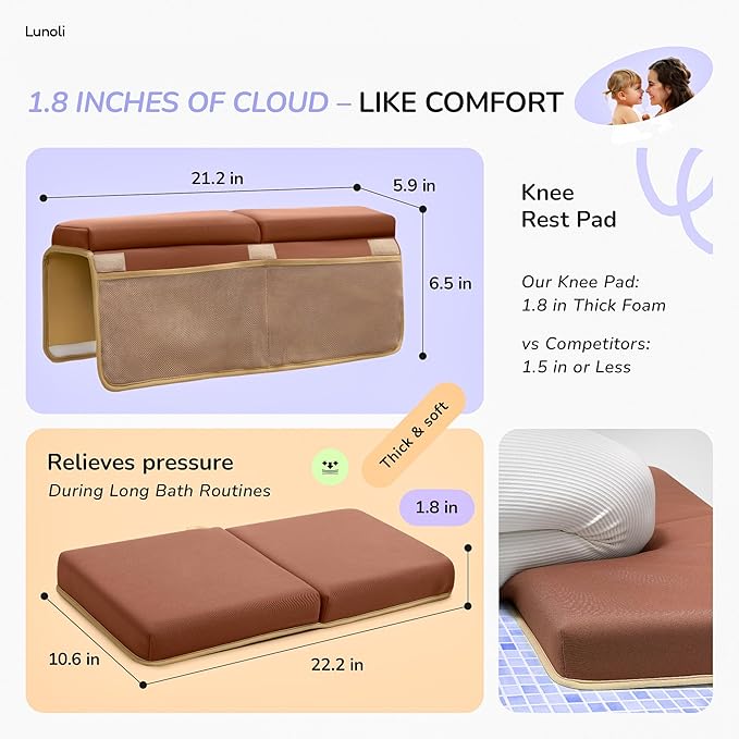 Baby Bath Kneeler and Elbow Rest Pad Set ??1.8??Thick 2025 Color of the Year Mocha Mousse Memory Foam Kneeling Pad & Elbow Cushion with 6 Suction Cups, 4 Mesh Pockets, Waterproof & Machine Washable