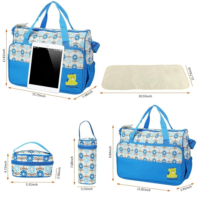 Moclever Diaper Bag Tote Set, 5PCS Baby Bags for Mom and Dad ??Large Maternity Travel Bag with Insulated Bottle Holder, Food Bag & Portable Changing Pad, Waterproof Baby Essentials Organizer (Blue)