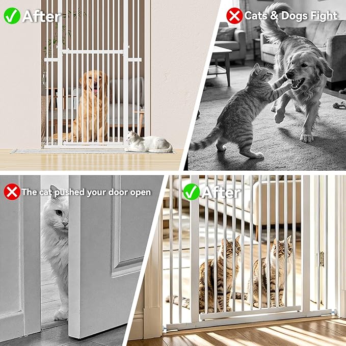 Snuowu 51"-87" Extra Tall Pet Gate for Cats, 29.5"-40.5" Wide Pressure Mounted No-Drilling Safety Dog Gate, Metal Walk-Thru Barrier for Doorways, Stairs, Kitchens, White