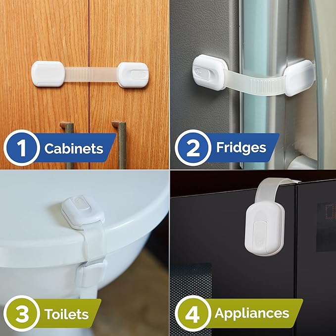 Child Safety Strap Locks (8 Pack) Baby Locks for Cabinets and Drawers, Toilet, Fridge & More. 3M Adhesive Pads. Easy Installation, No Drilling Required, White