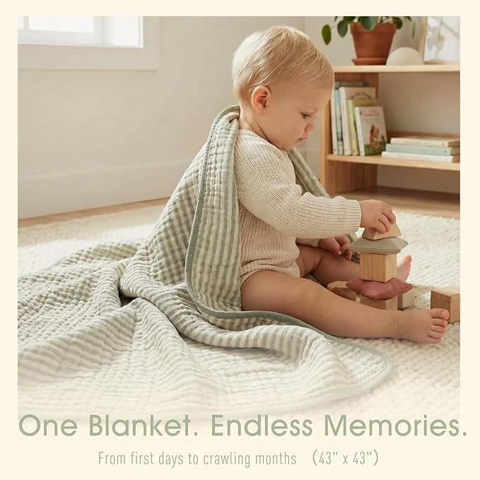 Ultra Soft Muslin Baby Blanket - Made with Organic Cotton, Gender Neutral Sage Green Striped Jacquard, Swaddle & Crib Quilt, 43x43 Inches (Sage Green Stripes)
