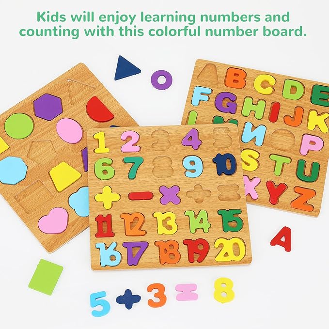 Alphabet Wooden Puzzles for Toddlers 3-5, Pack of 3 ABC, Number and Shape Puzzle, Preschool Educational Learning Toys with Puzzle Board & Letter Blocks for Girls Boys Ages 3 4 5 Years Old
