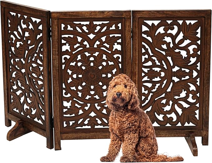 Freestanding Pet Gate for Dogs, Foldable Wooden Dog Gate for House, Indoor Dog Gate for Stair, Doorway, Circle Design Gates for Dogs Indoor, 48 Inch Wide, (16" x3 Panels =48 inch), Burnt Finish