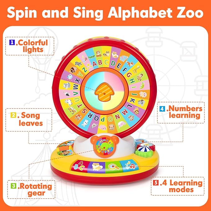 Learning Toys for 1 2 3 Year Old Boy Girl, Spin and Sing Alphabet Zoo with Sounds for Toddler 1-3, Educational Development Toy for Kid, Christmas Birthday Gifts for Baby 12-18 Months+