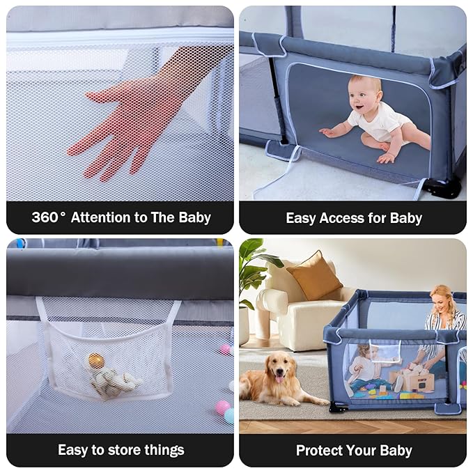 Foldable Baby Playpen 59"X71",Play Pen for Babies and Toddlers, Portable Playpen, Kids Collapsible Play Pen, Indoor & Outdoor Baby Fence with Visible Mesh,Safety Area Travel Play Yard with mat (Grey)