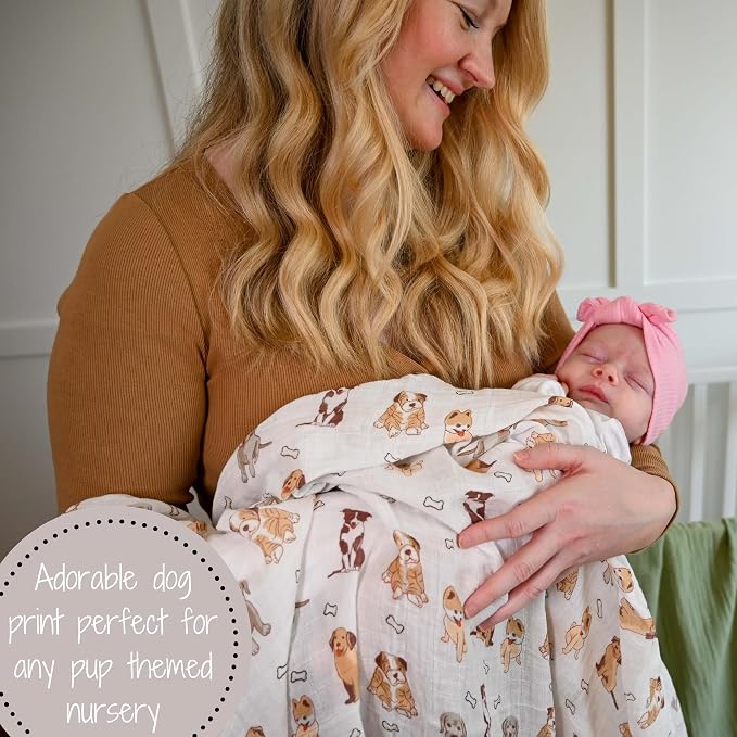 LollyBanks 100% Cotton Baby Blankets 2 Pack, Gentle and Soft Muslin Swaddle Blanket for Girls, Lightweight 47 x 47 Inches Newborn Receiving Blanket, Newborn Essentials Must Haves (Puppies and Tan)