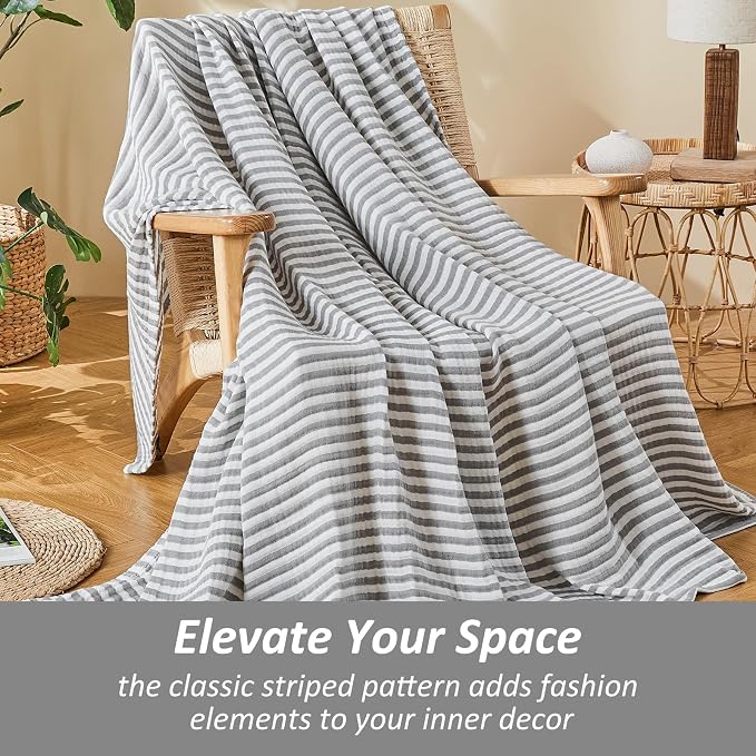 EMME Cotton Muslin Twin XL Blanket Breathable Gauze Soft Lightweight Adults Gifts for Women (Striped Grey, 66"x90")