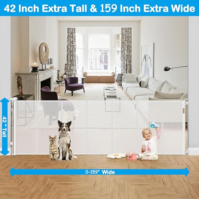 Reinforced 42??Extra Tall X 159??Extra Wide Retractable Gate Indoor Prevent Kids and Pets from Getting Through Tall Retractable Baby Gates for Doorways Pet Gates for Wide Openings Mesh Baby Gate White