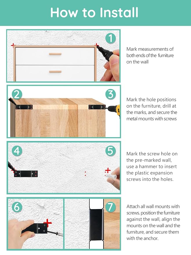 Furniture Wall Anchor Furniture Anchors for Baby Proofing 6 Sets Anti Tip Furniture Straps Wall Mount Bracket Safety Secure Cabinet Dresser Bookshelf, Keep Baby Child Pet Safety