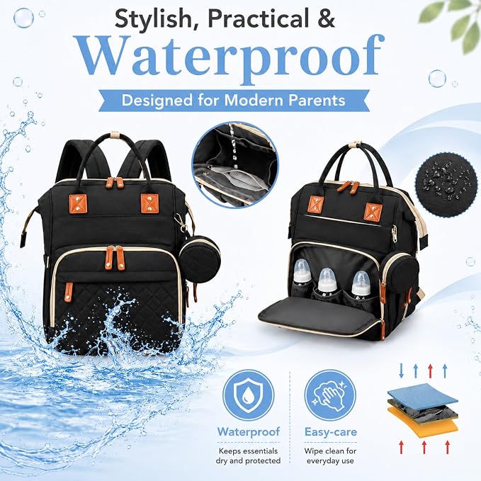Baby Diaper Backpack with Changing Pad, Waterproof, USB Port, Large Capacity (Black)