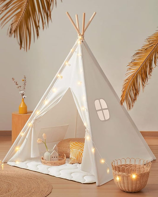 Tiny Land Teepee Tent for Kids ??100% Cotton Play Tent with Padded Mat & Star Lights, Foldable with Carry Bag, Indoor Play Tent for Girls & Boys