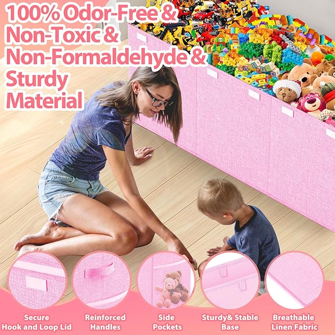 Extra Large Toy Storage Box with Lid Divider, Sturdy Collapsible Toys Organizer Chest Kids Storage Bins Boxes Baskets for Boys, Girls, Nursery, Bedroom, Living Room, Playroom, 40"x14"x16", Pink