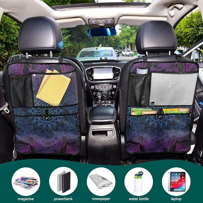 JIPONI Car Backseat Organizer, Boho Mandala Automotive Back Seat Protector, Kick Mats with Storage Pockets for Kids Pets, Road Trip Accessories