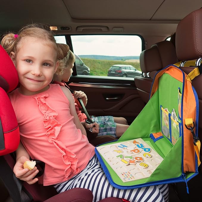 Car Organizer Back Seat for Kids & Tablet Holder for Car with Kick Mats & Lap Tray ??Car Accessories Interior Must Have Road Trip Essentials (Age 3+) ??Fold Away Tray with Car Seat Pocket Holders
