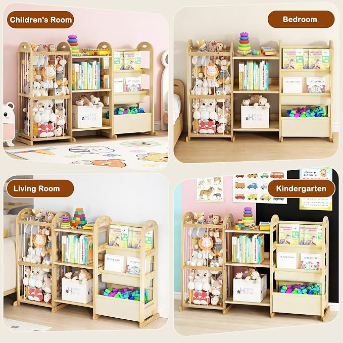 Kids Bookshelf and Toy Storage Organizer, 3-Tier Book Shelf with Stuffed Animal Storage, Kids Toy Book Storage for Bedroom Playroom, Wooden Toy Organizer with 3 Shelves, 49.4" W