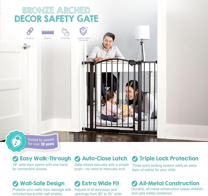 Regalo Safety 30-35??Extra Wide Baby Gate for Doorways & Bottom of Stairs, Pressure Mounted Walk-Through Gate for Babies, Toddlers & Pets, Bronze