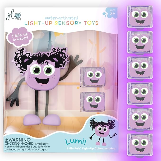 Glo Pals Water-Activated Light-Up Sensory Bath Toy Character and 6 Cubes for Bathtime and Sensory Play, Lumi, Glows Purple