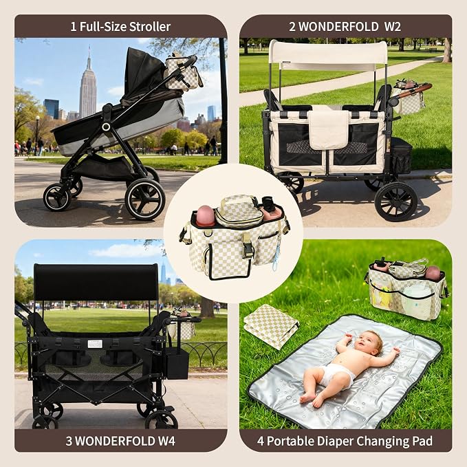 Universal Parent Console Stroller Organizer with Removable Cooler Bag & Changing Mat, Extra Large Wagon Caddy Accessories Fit for Wonderfold W4, Keenz, Jeep, Graco, Double Strollers (Checkerboard)