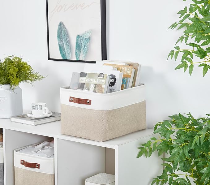 DECOMOMO Storage Baskets for Shelves - Fabric Storage Bins, Linen Closet Organizers and Storage (Beige & White, Large - 3 Pack)