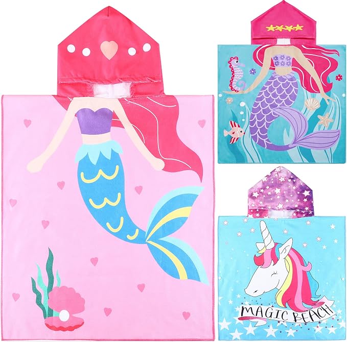 Chumia 3 Pack Kids Hooded Beach Poncho Towels Toddler Swim Pool Bath Towels with Hood Thicker Cotton Absorbent Cover up for Boys Girls Baby(47 x 24 Inch