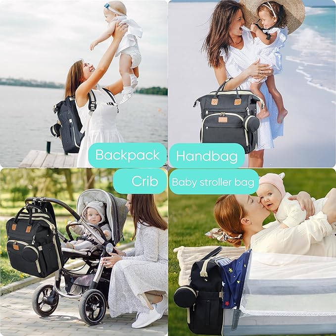 ZRSUN Baby Diaper Bag Backpack,Baby Shower Gifts, Multifunctional Travel Diaper Bag, Gifts for Mom with Portable Diaper Pad (Black)