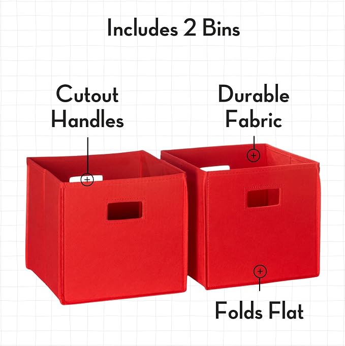 RiverRidge Kids Bookshelf Toy Storage Organizer with 2 Cubbies, 2 Folding Red Fabric Storage Bins & Spacious Bin White Playroom Toy Organizer and Cubby Storage