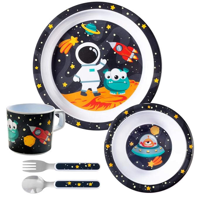 Bentology 5 Pc Mealtime Set for Kids -Space Theme -Includes Raised Edge Plate & Bowl, Cup, Metal Fork & Spoon -Dishwasher Safe, BPA Free- Cute Durable Dish, Easy Self-Feeding- Gift for Toddlers