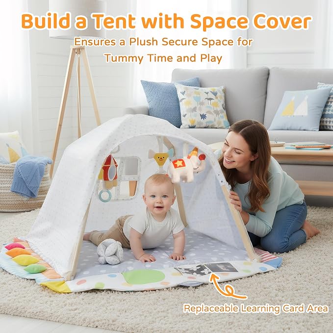 Kizfarm Baby Play Gym Mat, 5 Developmental Zones Wooden Tummy Time Mat, Baby Activity Mat with 5 Detachable Sensory Toys, Stage-Based Development from Newborn Infant, Baby Essentials Shower Gift
