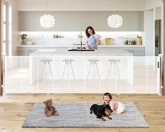 19.7ft Retractable Baby Gates Dog Gate - 236" Extra Wide Expandable Child Safety Gate,37" Tall Toddler Pet Mesh Gate with Reinforced Strips for Doorways,Stairs,Hallways,Outdoor & Indoor Large Openings