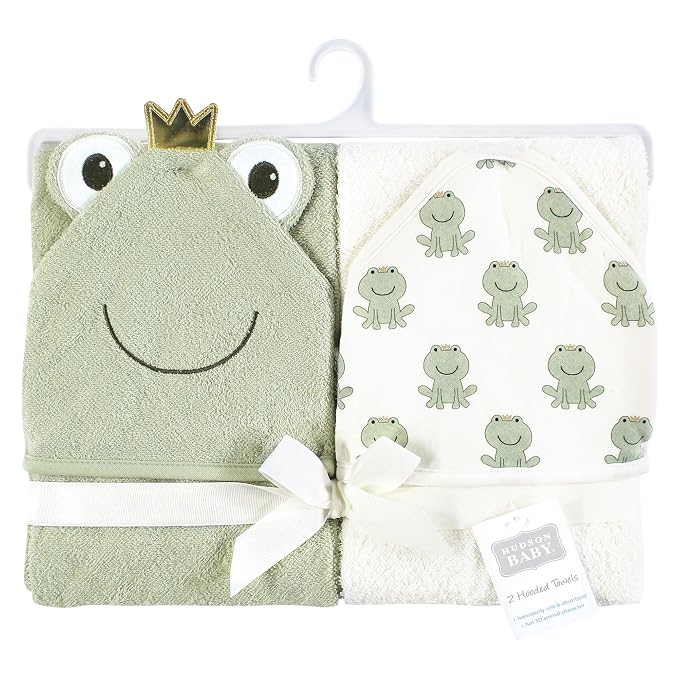 Hudson Baby Infant Boy Cotton Animal Face Hooded Towel, Prince Frog, One Size