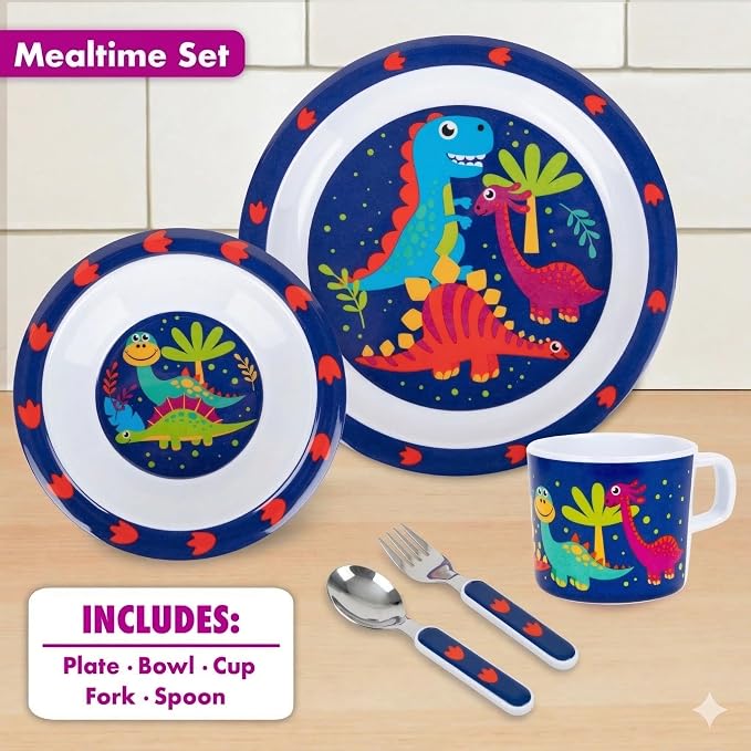 Bentology 5 Pc Mealtime Set for Kids - Dinosaur Theme - Includes Raised Edge Plate & Bowl, Cup, Fork & Spoon- Dishwasher Safe, BPA Free- Cute Durable Dish, Easy Self-Feeding- Gift for Toddlers