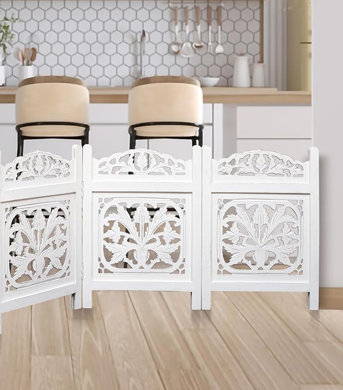 Free Standing Dog Gate – 4 Panel Foldable Wooden pet gate Indoor 72" W x 24" H, Hand-Carved Solid Wood & MDF, Portable Indoor Gate for Doorways, Halls, Stairs – Fully Assembled, White Finish