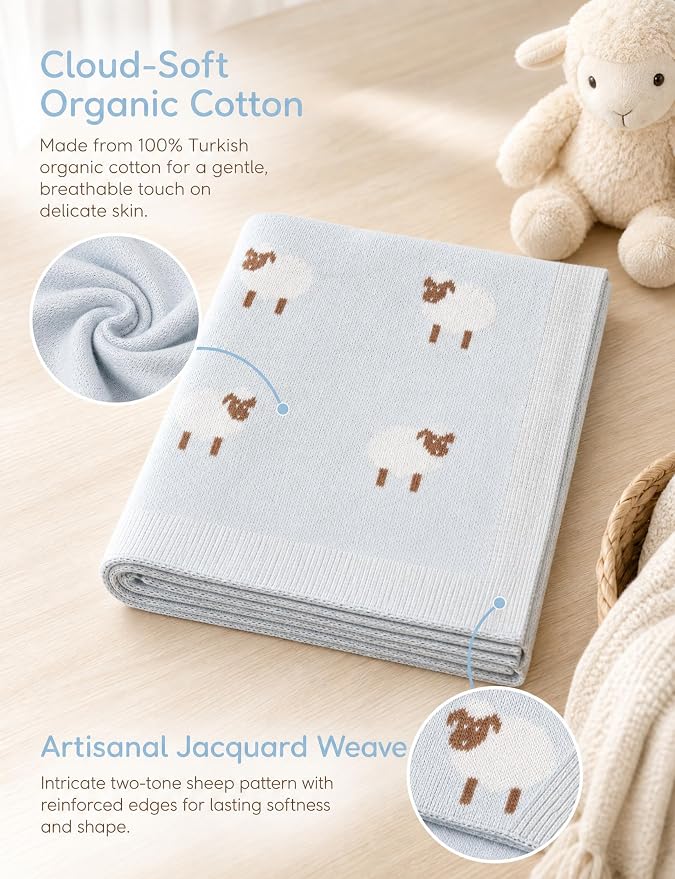 Organic Cotton Baby Blanket - Soft Luxury Knit Receiving Blanket for Newborns & Toddlers, Cozy Breathable Stroller Blanket with Pattern, Unisex, 30x40Inch（Sheep-Blue）