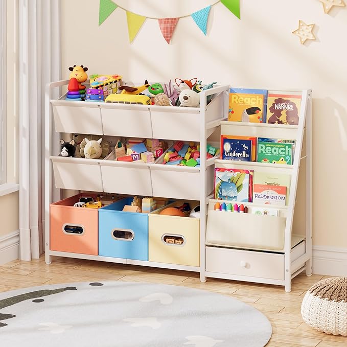 HAVLOTII Toy Storage Organizer - Kids Bookshelf and Toy Storage with 3 Book Shelf and 10 Storage Bins, Montessori Playroom Storage for Toddler, Baby, Book Shelf for Kids Rooms