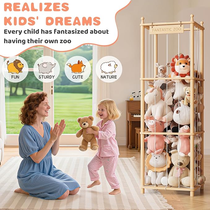 TOPMELON Stuffed Animal Zoo Storage, Cute Wooden Toys Tower for Kids, Large Capacity Plush Toy Organizer Holder for Playrooms & Children's Room (16.8??x 16.8??x 53.6??