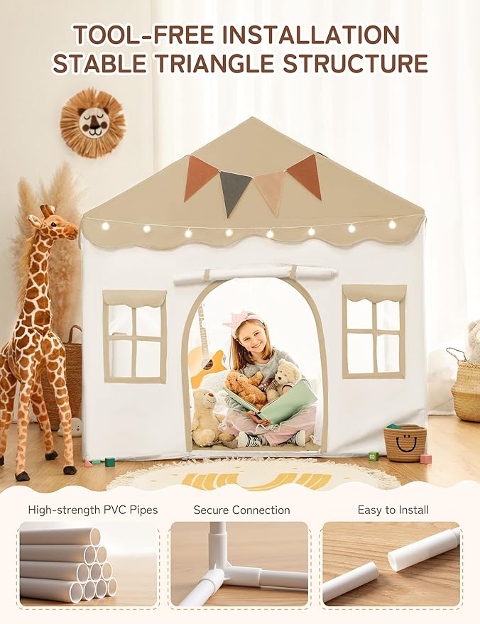 besrey Kids Play Tent 2 in 1 with Padded Mat and Lights, Large Kids Playhouse with 2 Doors & 4 Windows, Indoor & Outdoor, Christmas Toddler Tent, 51" x35" x 51" (Brown)