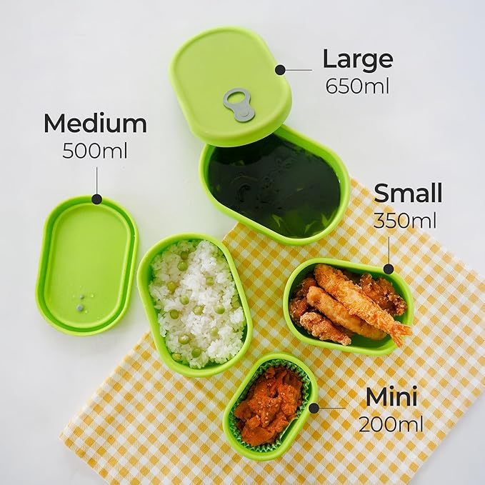 Premium Korean-Made Silicone Airtight Food Container with Steam Vent ??BPA Free, Leakproof, Microwave & Freezer Safe Meal Prep. & Leftovers Storage (Green Apple, 4p Multi-Size Set)
