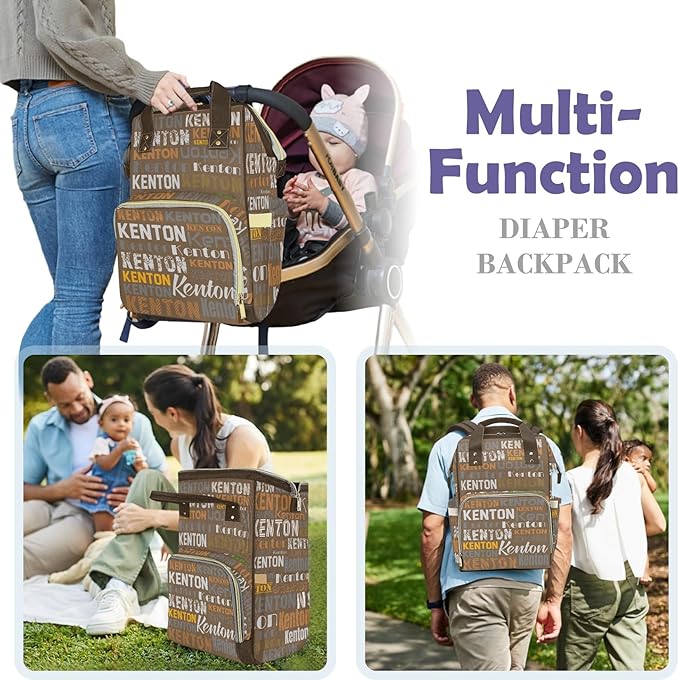 Custom Name Boy Baby Bags, Nylon Personalized Diaper Bag Backpack for Baby Boy Mom, Brown, Large Capacity, Waterproof, Multifunctional, Adjustable Shoulder Straps