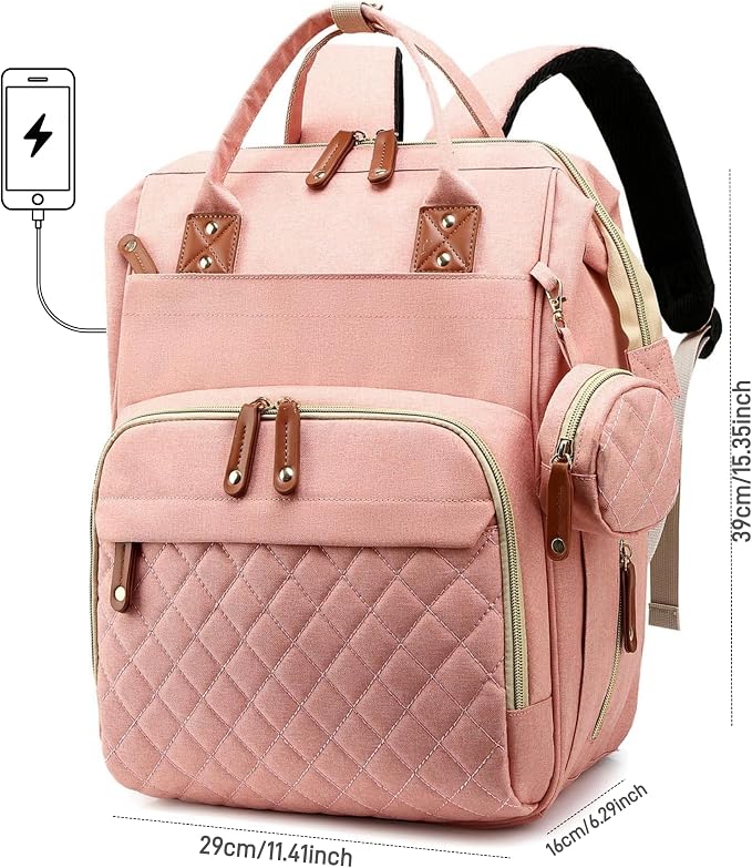 Black Diaper Bag Backpack, Multifunctional Waterproof Mommy Bag with Changing Pad, USB Port, Stroller Straps, Large Capacity Baby Travel Bag (pink)