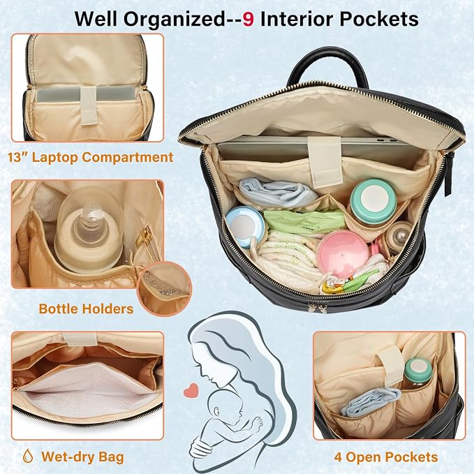 Leather Diaper Bag Backpack for Boy Girl Twins, Toddler Diaper Bag with Multiple Pockets, Cooler Compartment