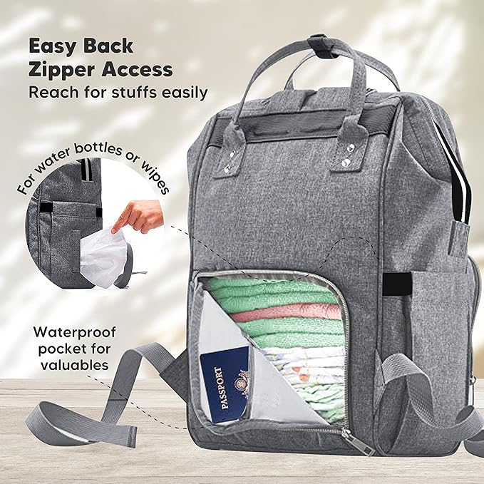 KeaBabies Diaper Bag Backpack with Portable Diaper Changing Pad - Waterproof Multi Function Baby Travel Bags - Grey PVC Changing Mat
