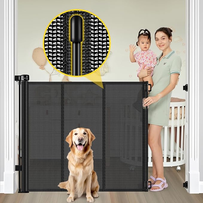 Reinforced 42??Extra Tall Retractable Baby Gates with Rods, Extends up to 60??Wide, Tall Retractable Dog Gate for Doorways Prevent Crawling Through Mesh Pet Gate Indoor Outdoor, Black