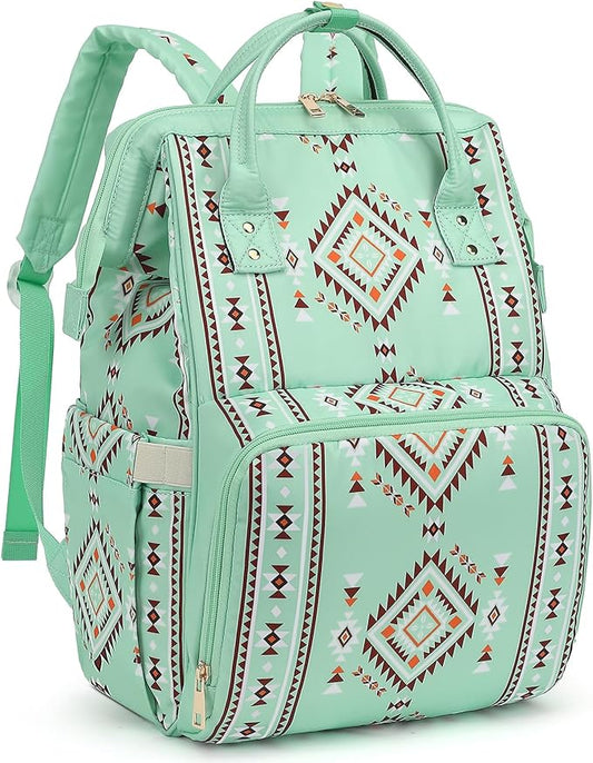 Boho Diaper Bag Backpack for Mom Dad, Multifunctional Bohemia Baby Nappy Backpack with Stroller Straps Insulated Pockets (Green)
